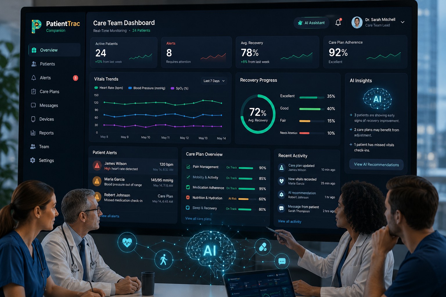 The PatientTrac Clinical Intelligence Network — connected clinical platforms sharing one secure record