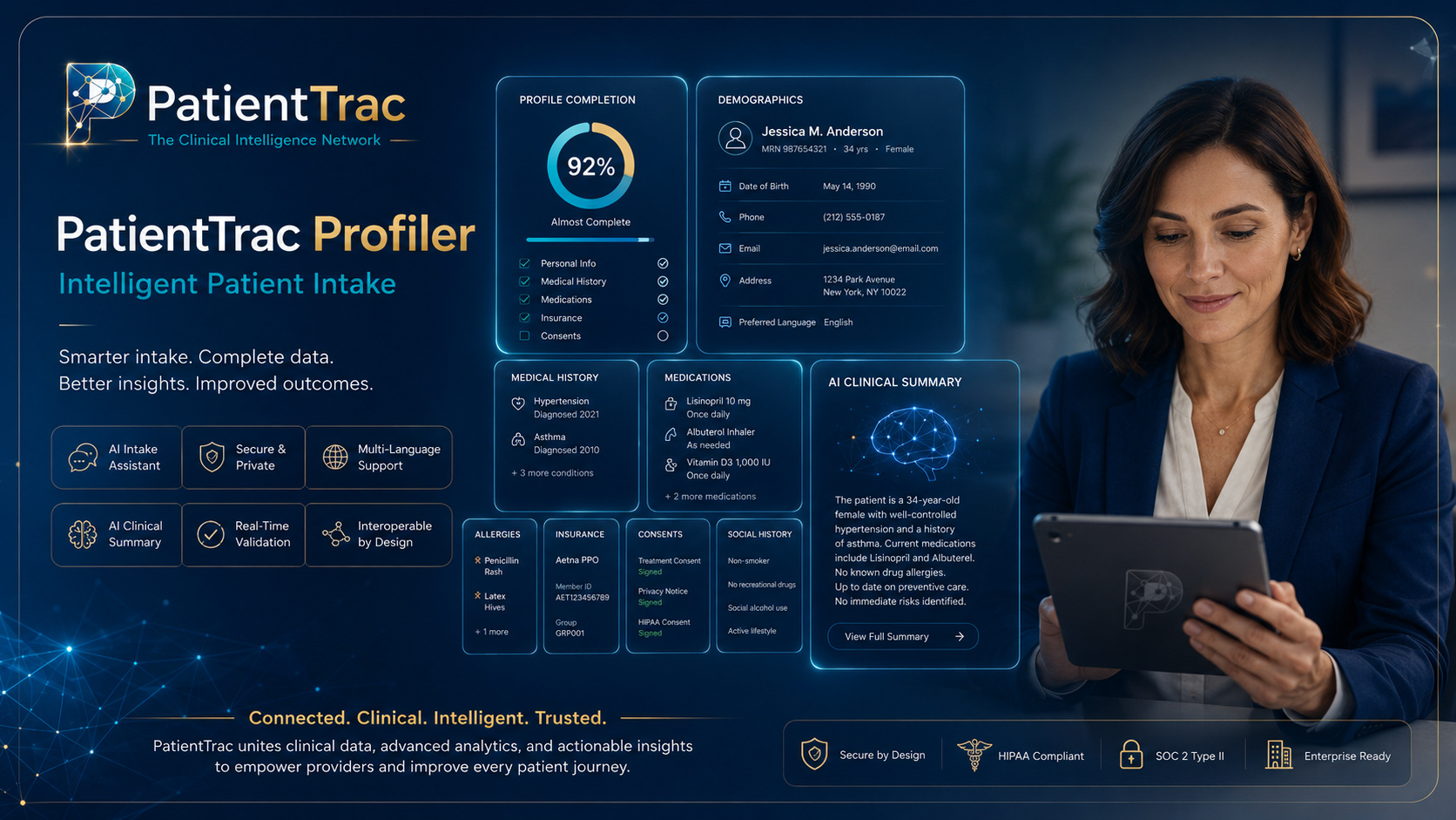 PatientTrac Profiler application visual showing intelligent patient intake, profile completion, AI intake assistant, secure design, and language preferences