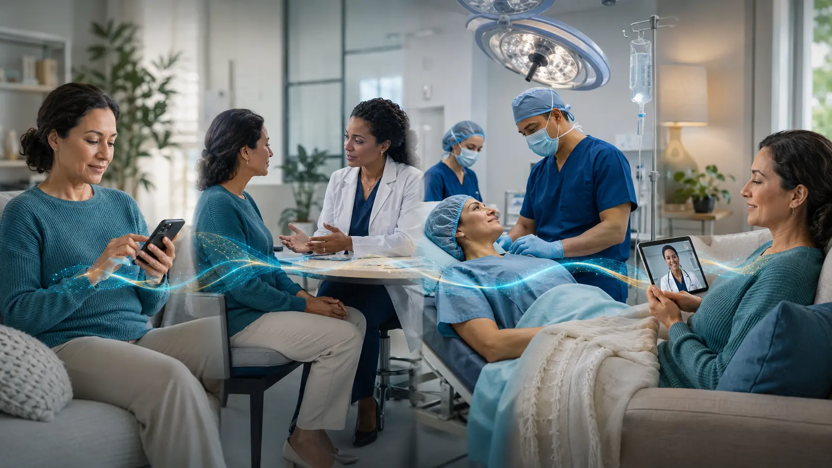 The same patient moving from mobile intake through consultation, procedure, and recovery at home