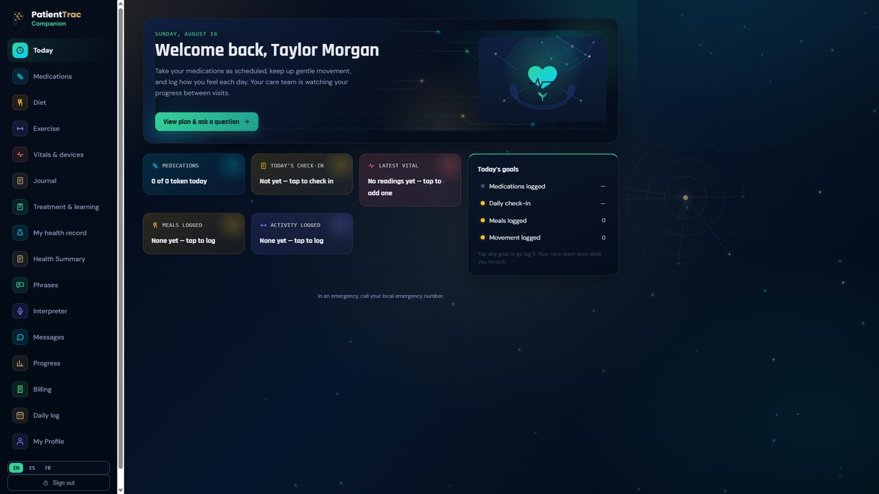 Companion patient mobile app interface